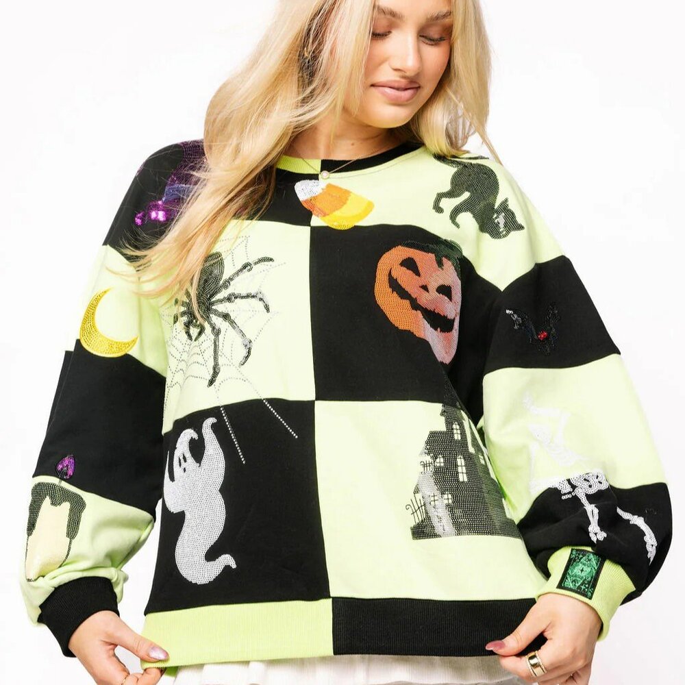 NWT Queen Of Sparkles Light Green and Black Checkered Halloween Icon Sweatshirt - Picture 3 of 5
